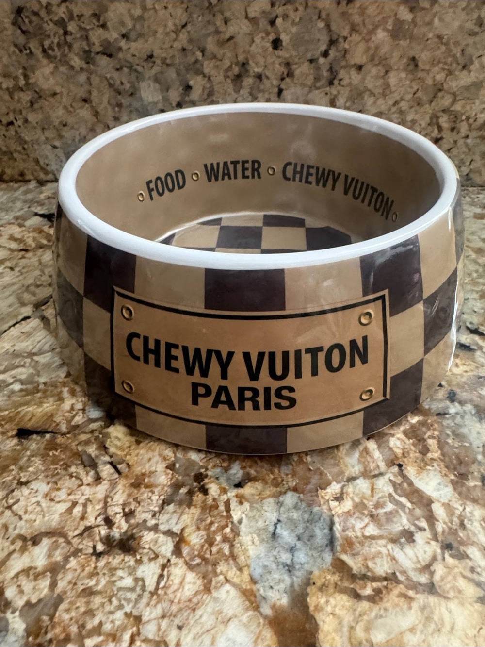 Chewy Vuiton Paris Brown&Beige Checkered Dog/Cat Food Or Water Bowl NEW